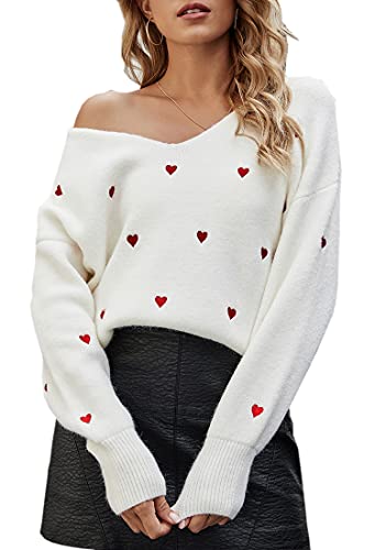 ECOWISH Women Valentine Heart Sweater V Neck Embroidery Knit Loose Casual Long Sleeve Ribbed Pullover Sweaters White Small