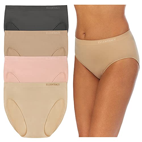 ELLEN TRACY womens Hi Cut Seamless Logo Panties Bikini Style Underwear, NaturalCameoSunbeige Slate, X Large US