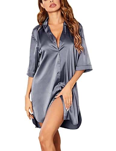 Ekouaer Satin Gown Dress Pajamas Wedding Night Pajamas for Bride Pajamas Silk Sleepwear for Women Grey S