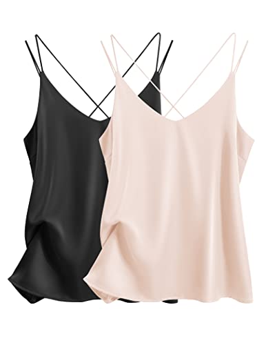 Ekouaer Silk Top Womens Satin Tank Tops Camisole V Neckline Light Summer Cross Back Dressy Cami Tops Black&Champagne M