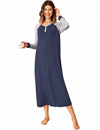 Ekouaer Women Nightgowns V Neck Sleepwear Lounge Dress Full Length Maxi Sleepshirt Light Grey XL