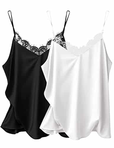 Ekouaer Women's PCS Cami Silk Satin Lace Cami Tank Tops Fitted Camisole Top BlackÂ &Â White S