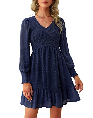 Ellakoko Wedding Guest Dresses for Women Fall Winter Casual V Neck Empire Waist Smocked Mini Swing Tiered Swiss Dot Babydoll Dress Swiss Dot Navy L