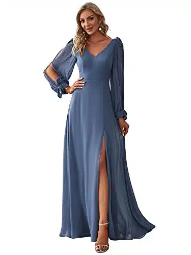 Ever Pretty Women's Floor Length A Line Chiffon Formal Dress with Long Sleeves Haze Blue