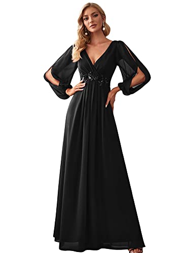 Ever Pretty Women's Hollow Long Sleeve V Neck Maxi Winter Women's Formal Dresses Bridesmaid Dress Black