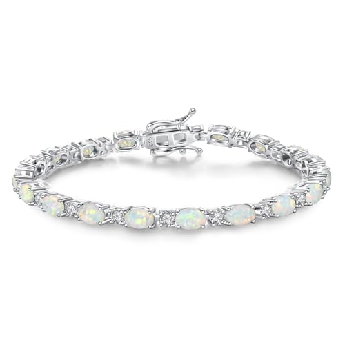 FANCIME Sterling Silver Fire Opal Tennis Bracelet October Birthstone Bracelets Cubic Zirconia Oval Gemstone Dainty Fine Christmas Jewelry for Women