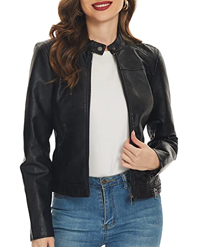 Fahsyee Women's Faux Leather Jackets, Zip Up Motorcycle Short PU Moto Biker Outwear Fitted Slim Coat Black Size M