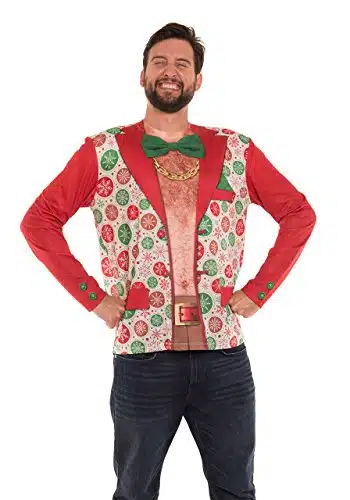 Faux Real Men's D Photo Realistic Ugly Christmas Sweater Long Sleeve T Shirt, Xmas Shirtless Suit, Small