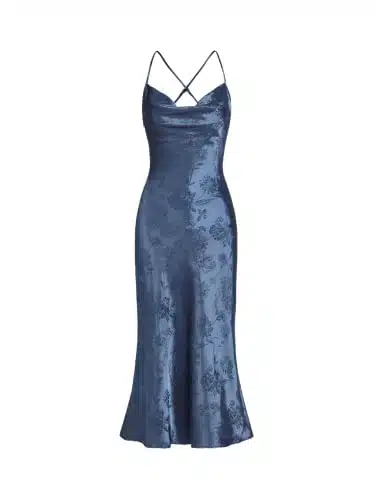 Floerns Women's Spaghetti Strap Cowl Neck Long Slip Satin Silk Midi Dress Blue Floral S