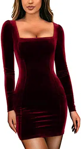 GOBLES Womens Sexy Velvet Long Sleeve Bodycon Elegant Mini Party Dress Wine Red