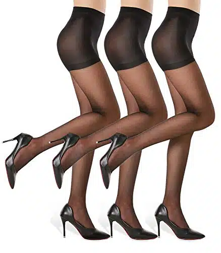 G&Y Pairs Women's Sheer Tights   D Control Top Pantyhose with Reinforced Toes, Black, S