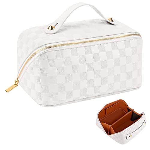 HUANLANG Travel Makeup Bag Large Capacity Travel Cosmetic Bag Waterproof PU Leather Makeup Organizer Bag for Women,Portable Checkered Makeup Bags with Handle and Divider Flat Lay Skincare Bag