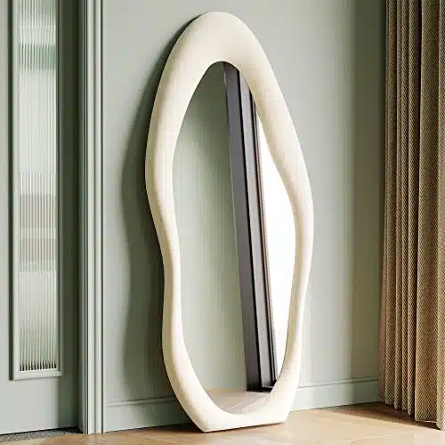 Honyee Full Length Mirror, x all Mirror, Flannel Wrapped Wooden Frame Full Body Mirror, Irregular Wavy Mirror Hanging or Leaning Against Wall for CloakroomBedroomLiving Room, White