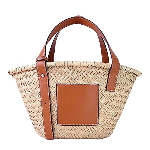 JAYAVENTURA Straw Basket Bag for Women Woven Tote Bag for Summer Beach PU Leather Strap Raffia Handbag (Medium)â¦