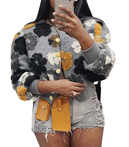 KANSOON Women Winter Wool Blend Floral Pattern Coat Single Breasted Bomber Jacket Outwear Grey M