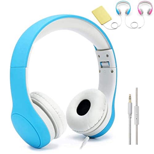 KPTEC [Volume Limited] Kids Safety Foldable On Ear Headphones with Mic, Volume Controlled at Max dB to Prevent Noise induced Hearing Loss (NIHL), Passive Noise Reduction, Wired Earbuds,Blue