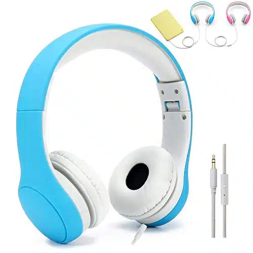KPTEC [Volume Limited] Kids Safety Foldable On Ear Headphones with Mic, Volume Controlled at Max dB to Prevent Noise induced Hearing Loss (NIHL), Passive Noise Reduction, Wired Earbuds,Blue