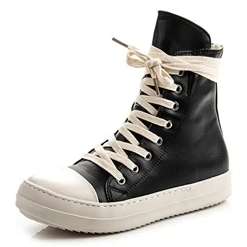 Kluolandi Women's High Top Sneakers Lace Up Canvas Shoes with Zipper Comfort Platform Walking Shoes in Black and White PU