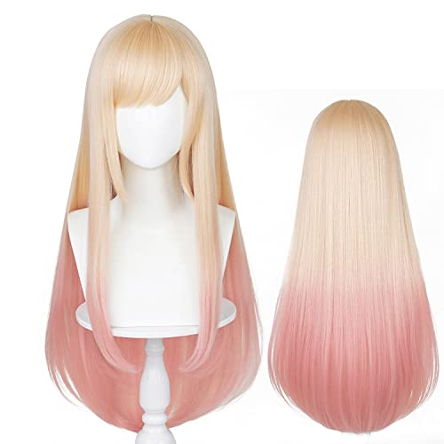 LABEAUTÃ Long Blonde Pink Wig for Girls Women Cosplay Wig Anime Straight Hair with Bangs for Halloween Party with Cap (Ombre Blonde Pink)