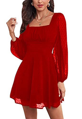 LYANER Women's Polka Dots Square Neck A line Long Sleeve Swiss Dots Mini Dress Red Large