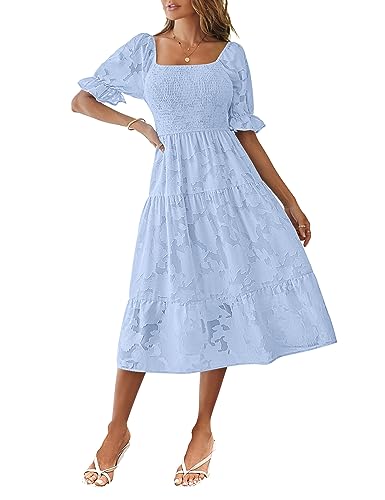 MEROKEETY Women's Boho Bubble Sleeve Smocked Dress Square Neck Floral Swing A Line Tea Party Dresses,Light Blue,S