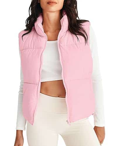 MEROKEETY Women's Casual Sleeveless Stand Collar Full Zip Loose Cozy Padded Jacket Coat, Pink, Large