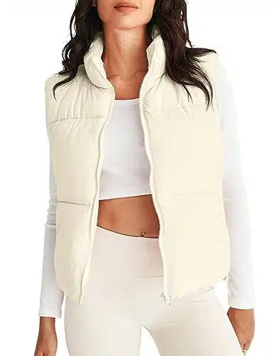 MEROKEETY Womens Puffer Vest Stand Collar Zip Up Sleeveless Padded Gilet Coat with Pockets, Beige, Medium