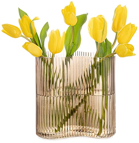 MOLIMAO Glass Vase for Centerpieces,Modern Large Vase for Flowers,Footprint Shape Striped Bottle for Home,Office Restaurant Desk Decor Inch(Brown)