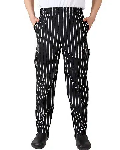 Menâs Classic Multi Pocket Baggy Chef Pant Black White Stripe Cargo Style Chef Uniforms XL