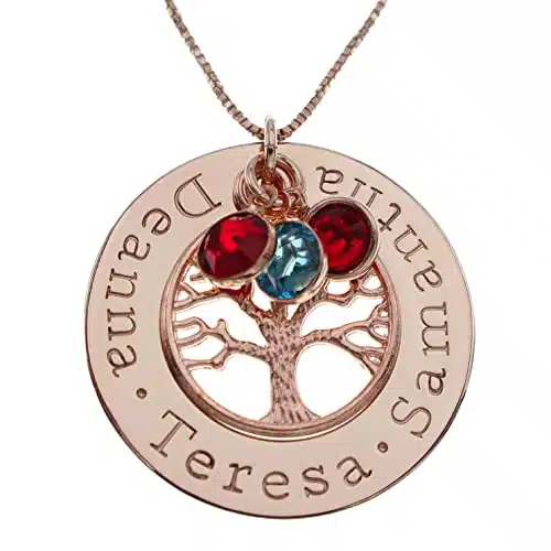 Mother Necklace Personalized with Names Birthstone Family Tree of Life Jewelry for Women Mom Grandma Round Pendant from Daughter Son Child Grandkids Rose Gold Motherâs Day Necklace for Her