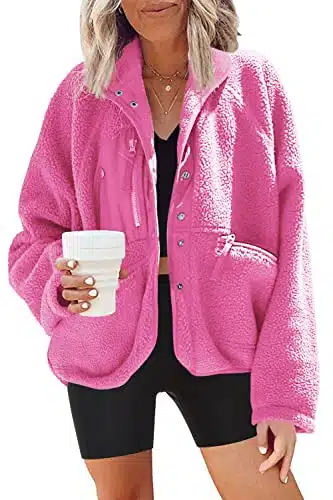 Nirovien Womens Fuzzy Fleece Jacket Button Down Shacket Casual Sherpa Coats Warm Outwear With Pockets(Hot Pink,L)