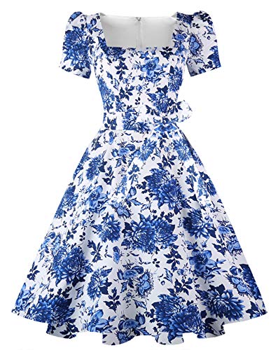 OBBUE Women's Square Neck Dress Vintage s Cocktail Party Dress with Puff Sleeves Blue White Porcelain L