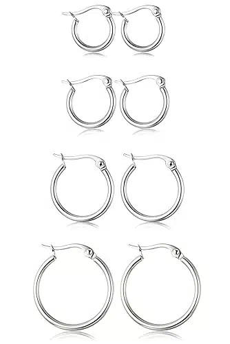 ORAZIO Pairs Stainless Steel Hoop Earrings Set Cute Huggie Earrings for Women,Silver Tone,MM