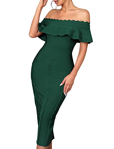 Off Shoulder Bandage Dresses for Women Wedding Guest Party Midi Formal Gowns Evening Dress(Green,M)