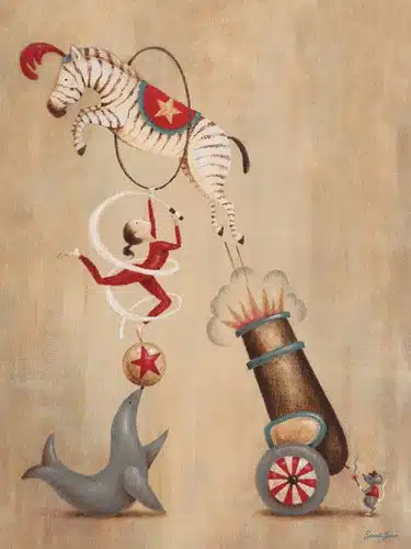 Oopsy daisy, Fine Art for Kids Vintage Circus Cannon Stretched Canvas Art by Sarah Lowe, by Inch