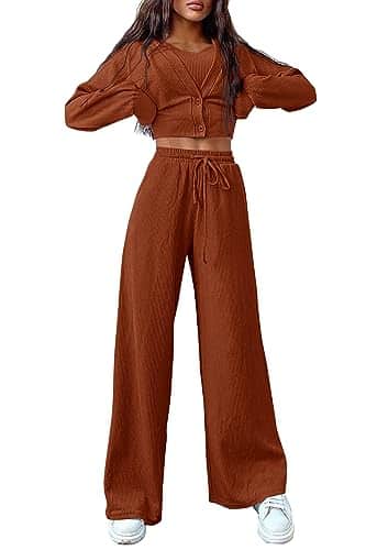 PRETTYGARDEN Womens Fall Track Suits Piece Outfits Matching Sets Ribbed Knit Cardigan Cropped Tank Tops Wide Leg Pants (Brown,Large)