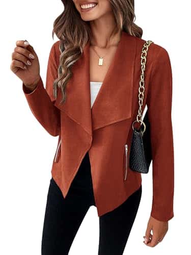 PRETTYGARDEN Women's Faux Suede Jackets Fall Clothes Long Sleeve Open Front Cropped Coat Outwear (Rust Red,Large)