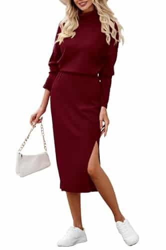 PRETTYGARDEN Women's Spring Piece Tracksuit Winter Long Sleeve Turtleneck Ribbed Top And Midi Skirt Dress Sets (Dark Wine Red,Medium)