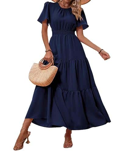 PRETTYGARDEN Women's Summer Casual Short Flutter Sleeve Round Neck Smocked Waist Tiered Boho Floral Flowy Maxi Dress(Solid Navy,XX Large)
