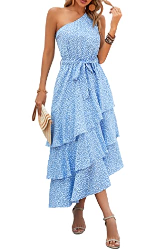 PRETTYGARDEN Women's Summer Floral Sundress Casual One Shoulder Tiered Ruffle Flowy Midi Beach Boho Dresses (Floral Light Blue,Medium)