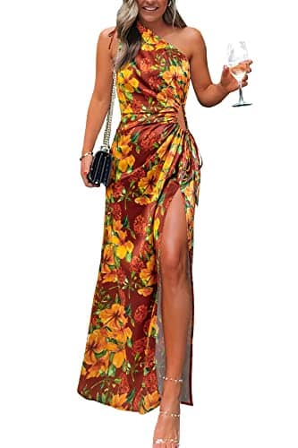 PRETTYGARDEN Women's Summer One Shoulder Satin Dress Cutout High Split Cocktail Wedding Guest Maxi Dresses (Floral Wine Red Orange,Medium)