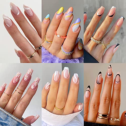 Packs (Pcs) Press on Nails Medium Design, Misssix Fake Nails Almond and Square Glue on Nails Set with Adhesive Tabs Nail File for Women