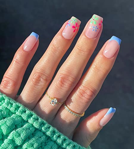 Pcs Acrylic Press on Nails Short  Medium, Glue on Nails for Women, Fake Nails with Glue (Pink Blue Flower French)