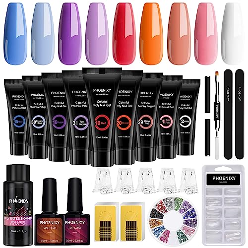 Phoenixy Poly Nail Gel Kit, Colors Poly Extension Gel Nail Kit with Slip Solution, Blue Purple Red Orange Nude Pink White Builder Nail Gel Kit DIY at Home Gift Kit for Women