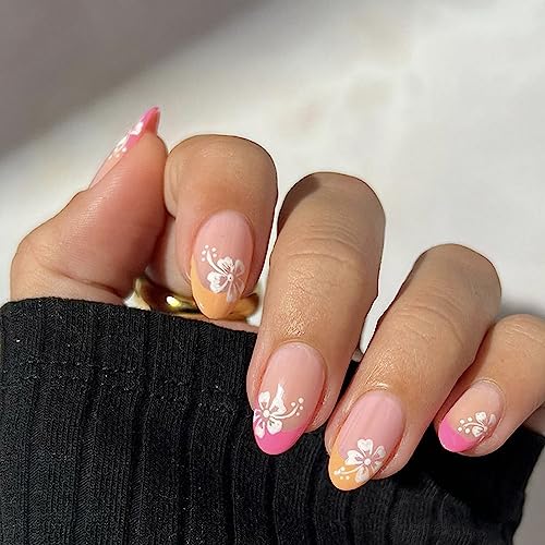 Press on Nails Almond False Nails Full Cover with Flower Designs Acrylic Nails Short French Tip Sticks on Nails for Women Girls Nails Supplies Decorations pcs