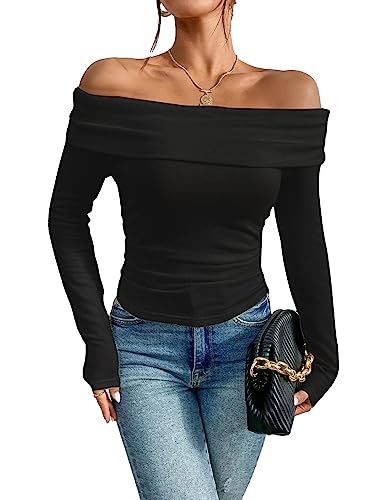 Prettywear Women's Sexy Off Shoulder Tops YK T Shirt Slim Fit Long Sleeves Spring Fall Blouse Going Out Nightout Shirt(Black,M)