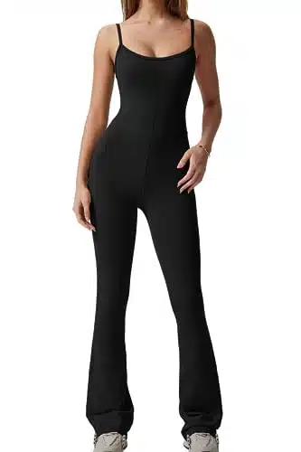 QINSEN Black Jumpsuit for Women Sleeveless Sexy Backless Stretch Flare Leggings Romper Unitard S