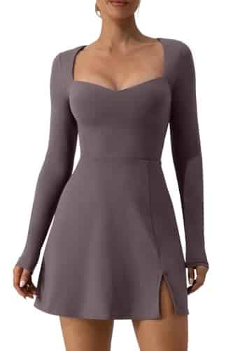 QINSEN Womens Sexy Sweetheart Neckline Double Lined Top Long Sleeve Athleisure Mini Dress Tea Leaf L
