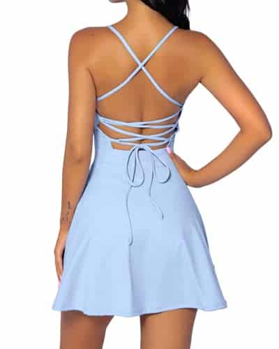 QINSEN Women's Tennis Dress Workout Dress with Built in Bra & Shorts Pockets Athletic Dresses for Women Blue S
