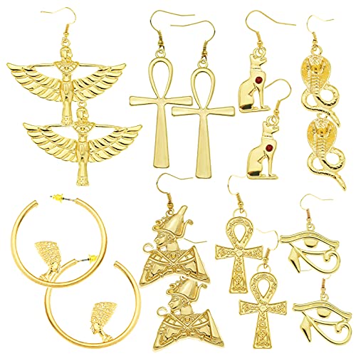 RechicGu Pairs Women Girls Egyptian Ancient Costume Dangle Set Earrings Cross Snake Hoop Studs Drop Vintage Jewelry Accessory Statement Polish Gold